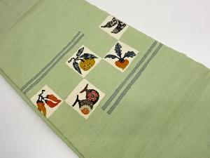 作家物　手織り紬色紙に唐辛子・果実・野菜模様名古屋帯